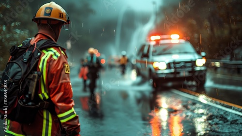 A male firefighter in bright protective gear surveys the scene during a rainstorm, with emergency vehicles in the background illuminating the wet environment. disaster management, emergency response photo