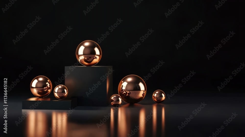 Dark background with metallic spheres on black cubes. Dark background with metallic spheres on black cubes.