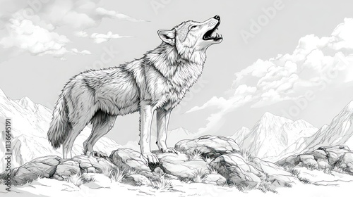 Howling wolf on mountain peak, monochrome sketch. photo