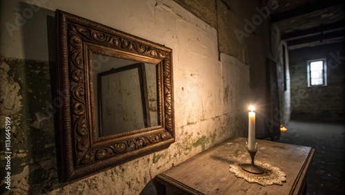 A single candle illuminates a weathered wooden table and an antique mirror with a carved frame, casting long shadows in a forgotten chamber photo