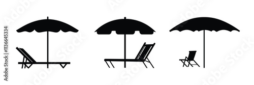 Set of Beach umbrella and sunbed icon, silhouette, vector, outline, illustration isolated on white background