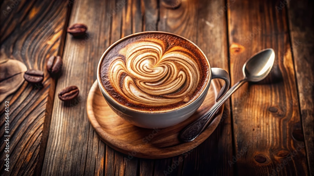 Swirled Cappuccino Overhead: Rustic Wooden Table, Soft Light, Coffee Drink Photography Swirled Cappuccino Overhead: Rustic Wooden Table, Soft Light, Coffee Drink Photography