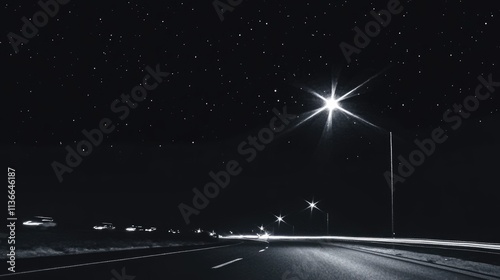 Black and White Minimalistic Night Sky with Bright Star Over Highway and Fast Moving Cars, Captured from Behind a Car on Empty Road at High Speed, Aesthetic Dark Background
