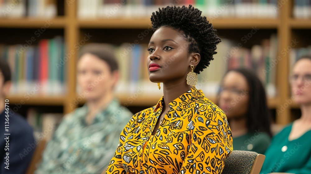 Confident African Woman in Yellow Dress at Library Confident African Woman in Yellow Dress at Library