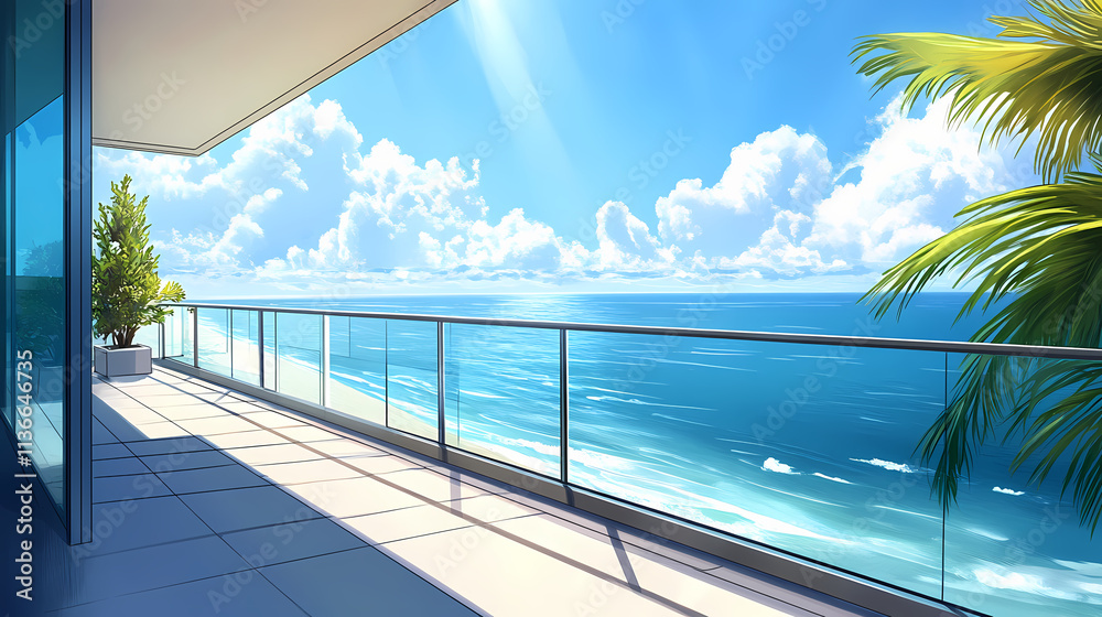 Fototapeta premium Sleek glass-railed balcony with sea breeze and ocean views, ocean view, balcony, breeze. Zephyrine. Illustration