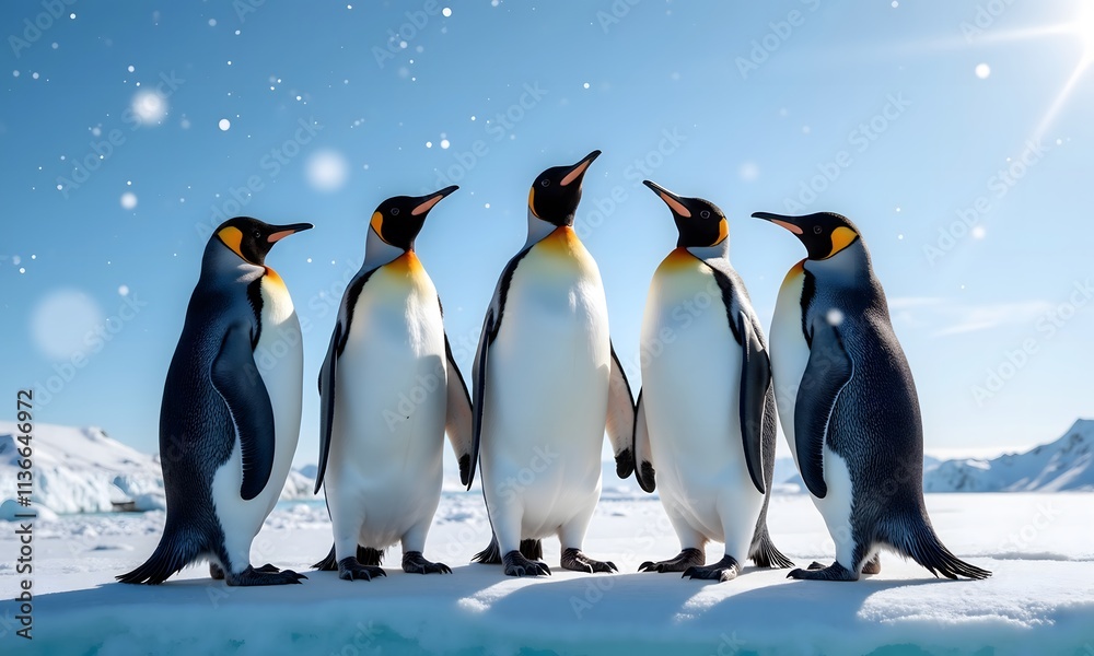 Fototapeta premium Five King Penguins in Antarctica's Snowy Landscape