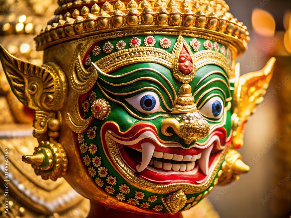 Naklejka premium Thai Khon Mask Golden Mask, Traditional Thai Dance Mask, Luxury Khon Mask Photography, Golden Khon Mask Product Shot