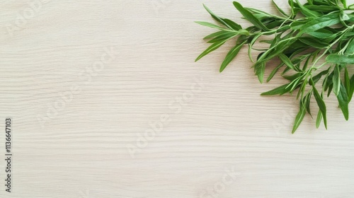 Light Wooden Background with Small Green Plant on Right Side, Natural Grain and Slightly Distressed Texture, Ideal for Nature-Themed Designs with Space for Text or Elements
