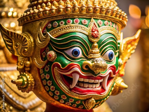 Thai Khon Mask Golden Mask, Traditional Thai Dance Mask,  Luxury Khon Mask Photography,  Golden Khon Mask Product Shot photo