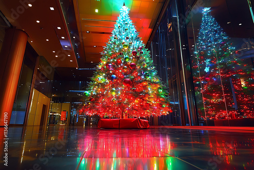 Christmas Tree with Colorful LED Lights Twinkling Brightly for Festive Holiday Celebrations. photo
