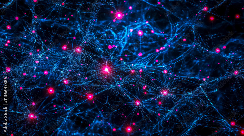 Fototapeta premium Neural network communicating with bright pink synapses on dark background