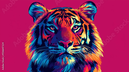 Vibrant tiger portrait with bold colors and striking features on a vivid background photo