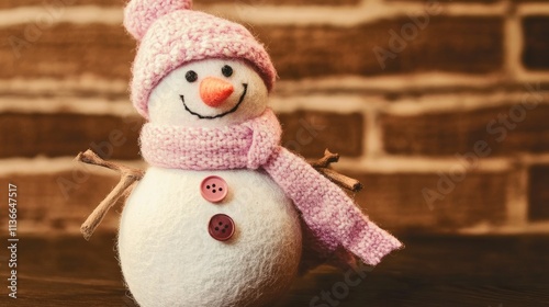 Cute Snowman Doll with Pink Scarf and Hat, Felt Fabric, Button Eyes, Smiling Face, Standing on Table Against Brown Brick Wall, Soft Lighting, Close-Up Shot, Detailed Texture, Warm Color Tone