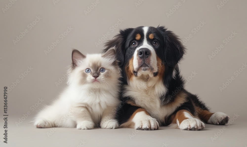 Fototapeta premium A Birman kitten and a Bernese Mountain Dog puppy sitting together on a soft neutral background