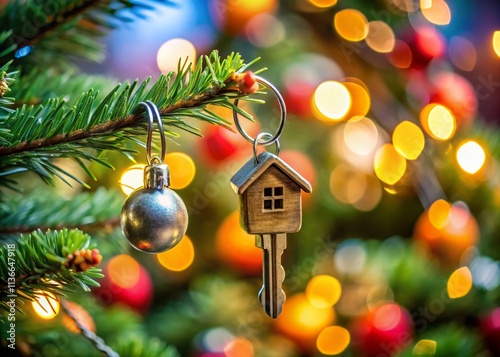 Tilt-Shift Christmas House Key: New Home, New Year Gift, Real Estate