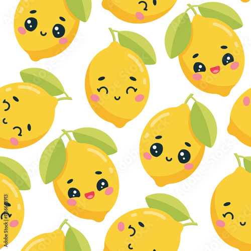 Vector seamless pattern with kawaii citruses. Cute lemons with leaves on white background. Kids print design.