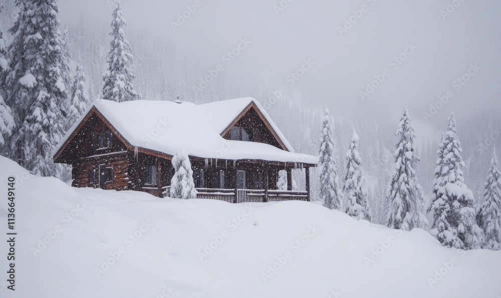 A cabin is covered in snow and has a porch A cabin is covered in snow and has a porch