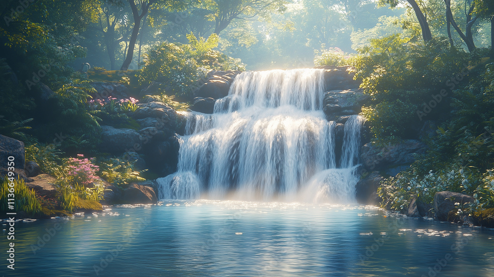 Lush tropical landscape featuring a serene waterfall cascading into a peaceful pool Lush tropical landscape featuring a serene waterfall cascading into a peaceful pool