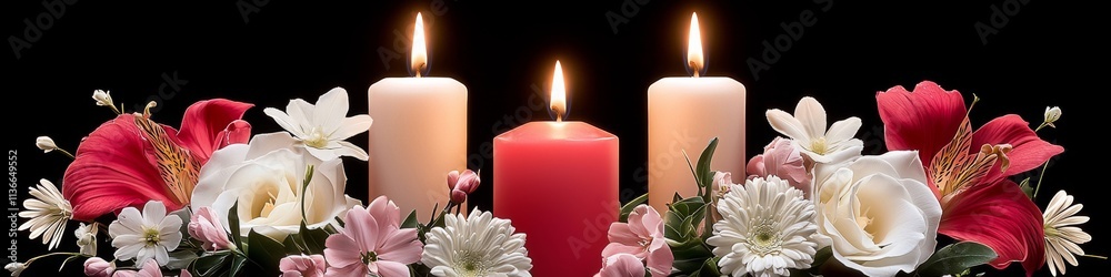 Elegant arrangement of flowers and candles creating a serene atmosphere in a dark setting Elegant arrangement of flowers and candles creating a serene atmosphere in a dark setting