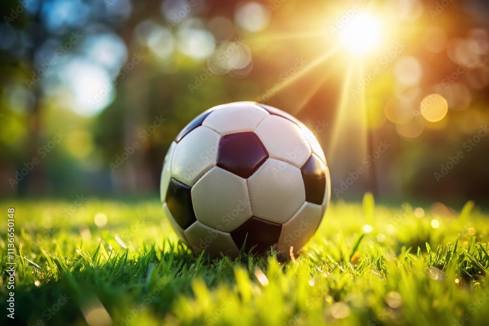 Fototapeta premium Tilt-Shift Soccer Ball Photography: Miniature Black and White Striped Ball Image