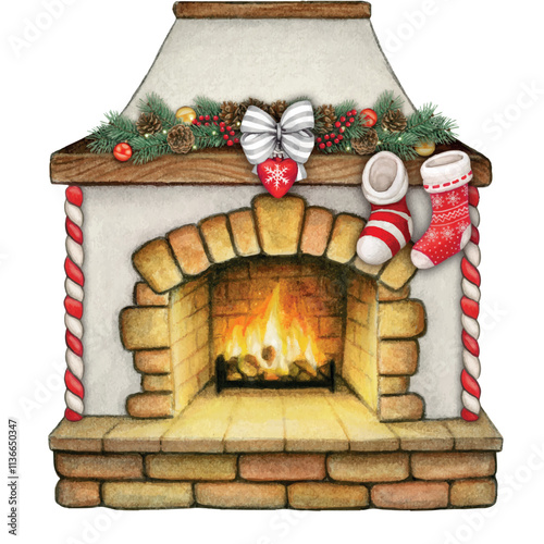 Watercolor hand drawn christmas fireplace