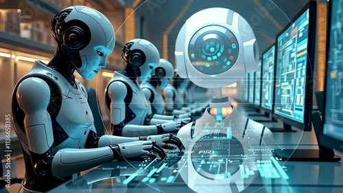 Wallpaper Mural Scientists work in a high-tech lab with holographic displays and futuristic devices. The concept of replacing humans with robots Torontodigital.ca