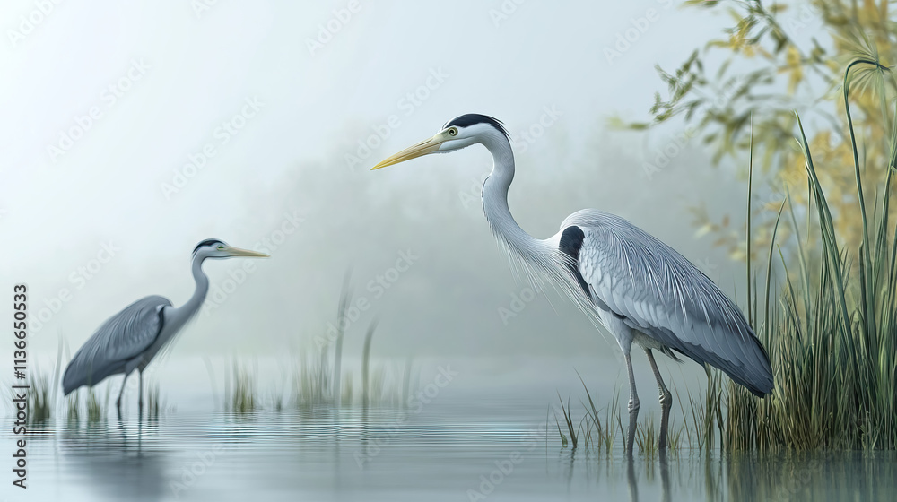 Naklejka premium Great blue heron standing in the water of the lake, next to a clump of reeds, and other marsh plants.