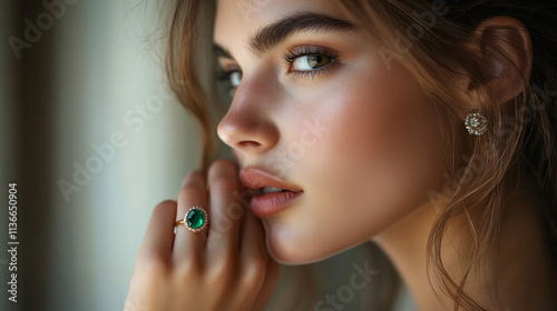 Elegant young woman showcasing jewelry with a soft focus background in natural light