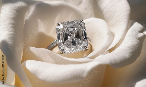 A diamond ring is on top of a white rose photo