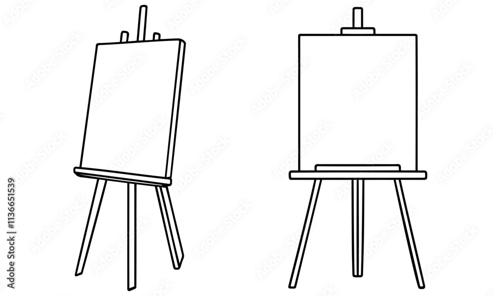 Single one line drawing paint brushes easel in paint brush container with painting canvas. A blank canvas will soon be painted with amazing art. Continuous line design graphic illustration.