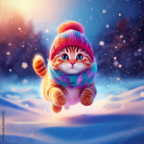 帽子をかぶった猫が雪の上を走ってくる