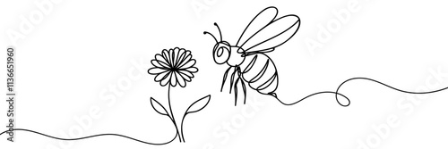 Continuous one line drawing of flaying bee. Simple illustration of honey bee line art vector illustration.