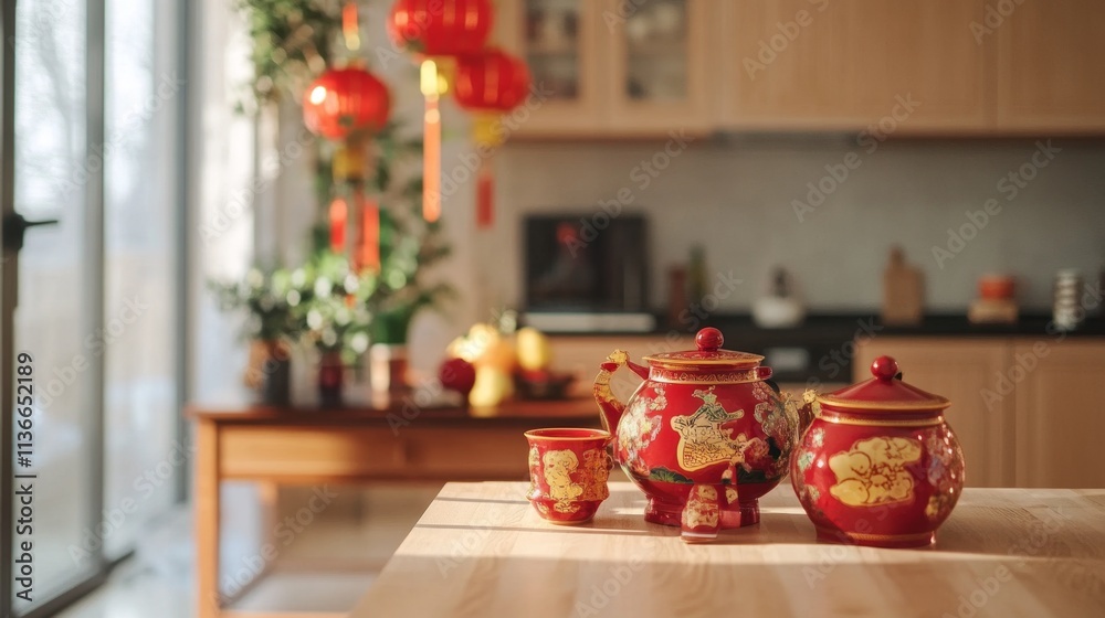 Cozy bright home interior with chinese new year decorations in kitchen Cozy bright home interior with chinese new year decorations in kitchen