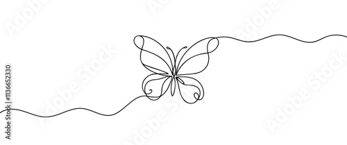 Butterfly continuous one line drawing of Isolated outline vector art. Butterfly One line drawing isolated on white background. Continuous one line drawing of a flying butterfly on a white background.