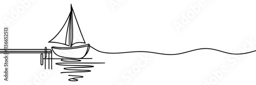 sailboat at the pier on the shore. Continuous line drawing. Illustration, vector
