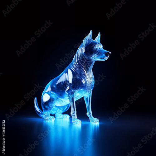 ガラスのように透き通った青く光る犬のオブジェ