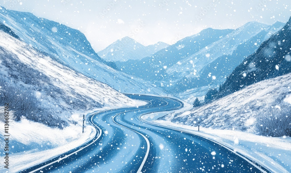 A snowy mountain range with a road running through it A snowy mountain range with a road running through it