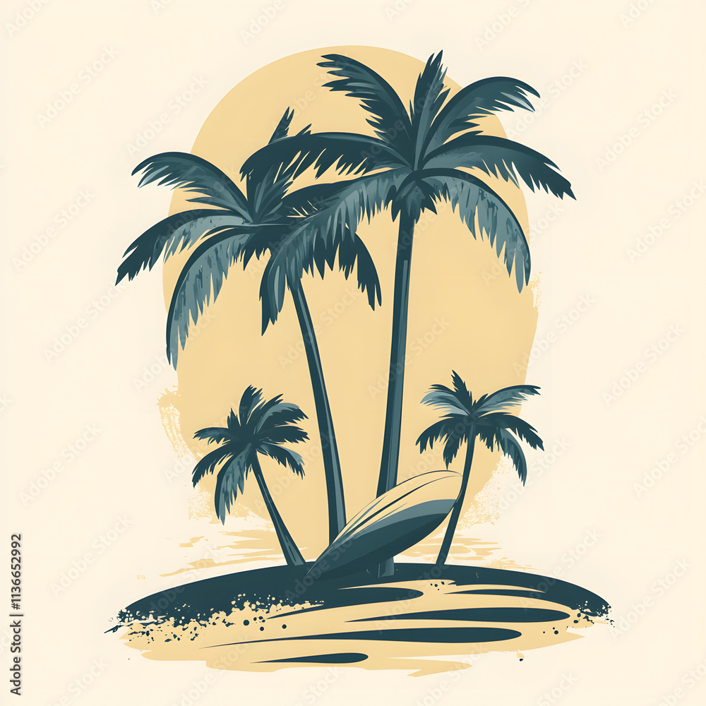 Stylized tropical island illustration with palm trees and a golden sun in vintage aesthetic, symbolizing summer, beach vibes, paradise, relaxation, and island escape
Stylized tropical island illustration with palm trees and a golden sun in vintage aesthetic, symbolizing summer, beach vibes, paradise, relaxation, and island escape