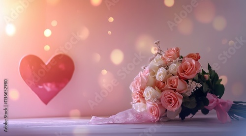 Un bouquet de roses attachées avec un ruban avec un arrière-plan flou d'une pièce vide décorée pour la Saint-Valentin.