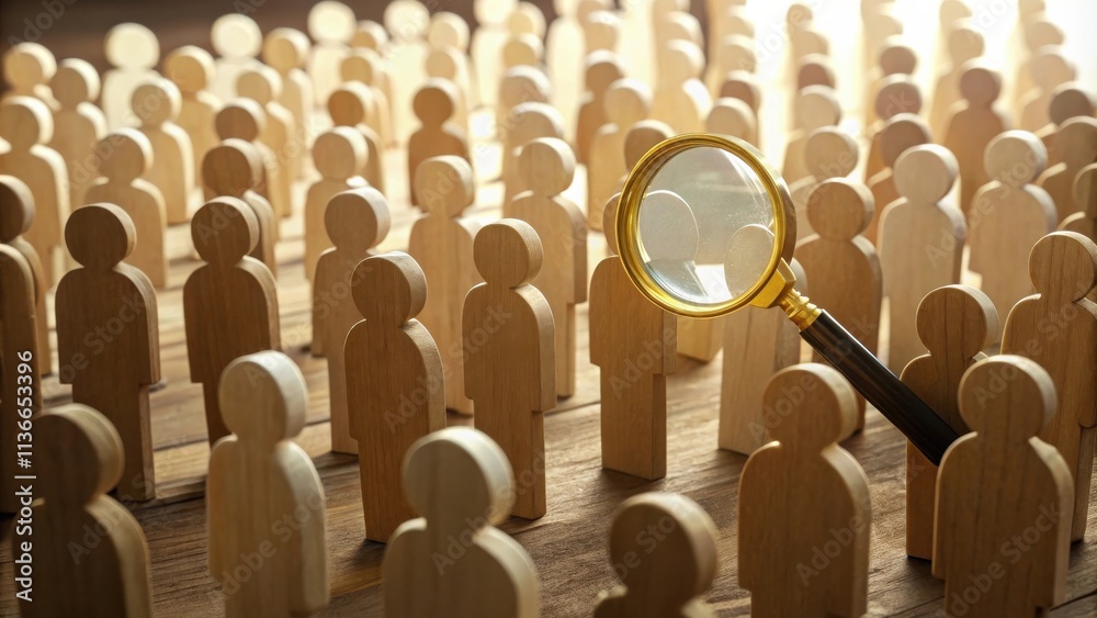 Obraz premium A Magnifying Glass Focuses On One Person Amidst a Crowd of Wooden Figures, Symbolic of the Search for Unique Individuals