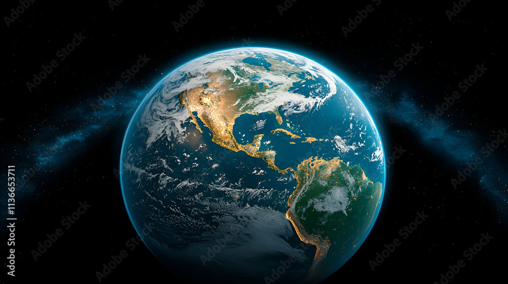 A vibrant view of Earth from space, showcasing continents, oceans, and atmospheric details against a dark background.