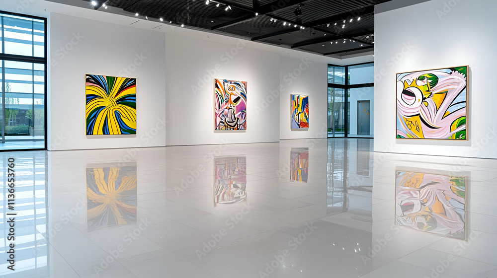 A modern art gallery featuring vibrant, colorful paintings displayed on clean, white walls with polished floors and ample natural light.