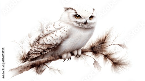 A beautifully illustrated white owl perched on a branch, surrounded by delicate foliage, This image can be used for nature-themed projects, educational materials, or wildlife conservation campaigns, photo