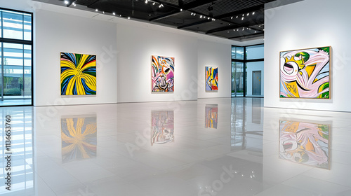 Obraz na płótnie A modern art gallery featuring vibrant, colorful paintings displayed on clean, white walls with polished floors and ample natural light. w salonie