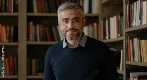 Mature caucasian male scholar in a library with bookshelves