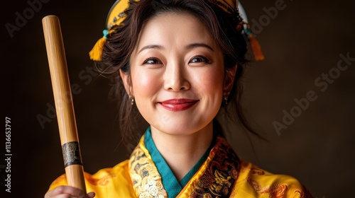 A cheerful woman in traditional attire holds a bamboo flute, radiating joy and culture, This image is ideal for projects related to music, heritage, festivals, or cultural education, photo