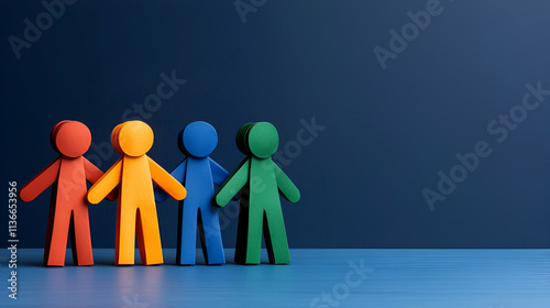 Four colorful wooden figures stand side by side against a dark blue background, symbolizing unity and diversity.