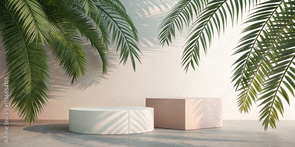 Minimalist Product Display with Palm Fronds and Sunlit Shadows Minimalist Product Display with Palm Fronds and Sunlit Shadows