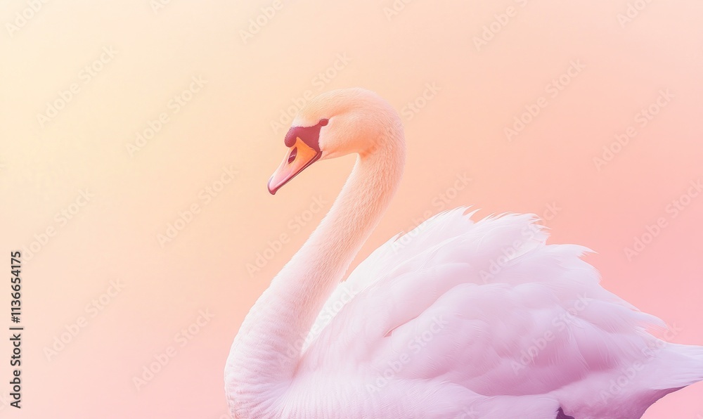 Fototapeta premium A white swan is standing on a pink background