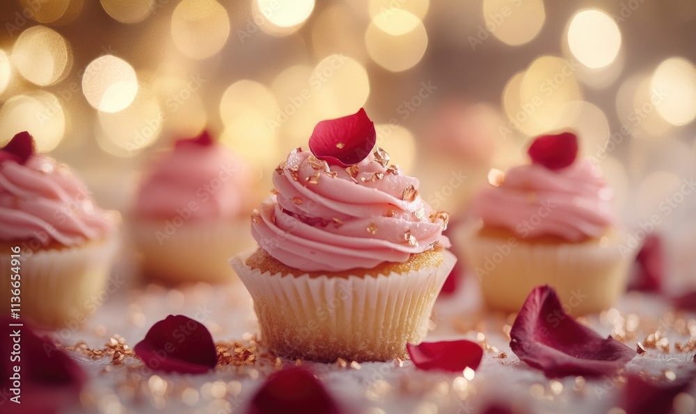 A cupcake with pink frosting and a rose on top